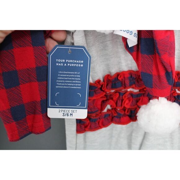 LIFE IS GOOD ROMPER W/HAT & RUFFLES GRAY BUFFALO PLAID DOG GIRLS 3/6M NWT - Picture 7 of 8